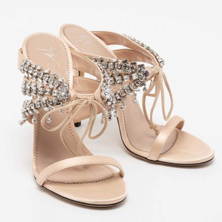 Pre Owned Giuseppe Zanotti Beige Satin Crystal Embellished Slide Sandals Size 38