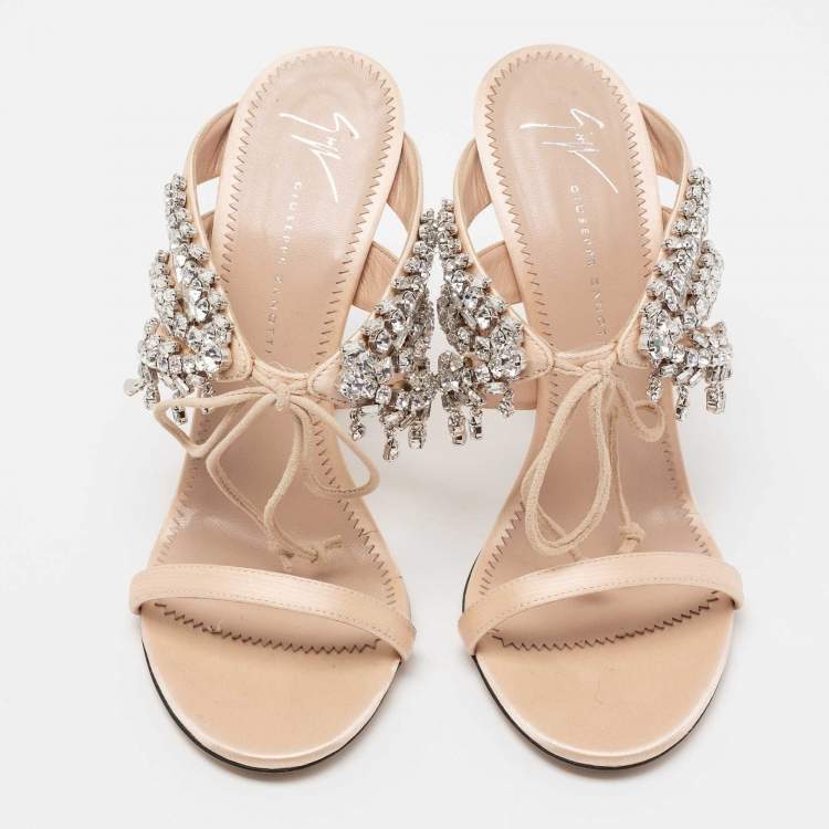 Pre Owned Giuseppe Zanotti Beige Satin Crystal Embellished Slide Sandals Size 38