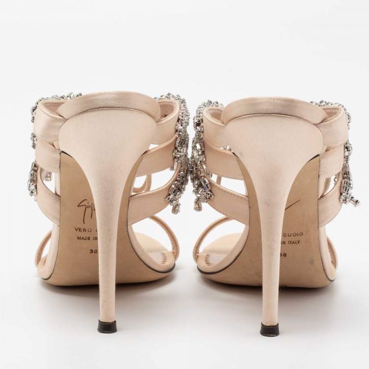 Pre Owned Giuseppe Zanotti Beige Satin Crystal Embellished Slide Sandals Size 38