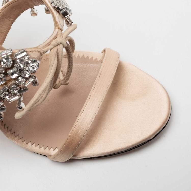 Pre Owned Giuseppe Zanotti Beige Satin Crystal Embellished Slide Sandals Size 38