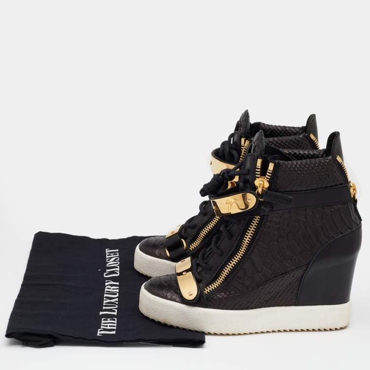 Pre Owned Giuseppe Zanotti Black/Dark Brown Python Embossed Leather Lorenz Wedge Sneakers Size 37
