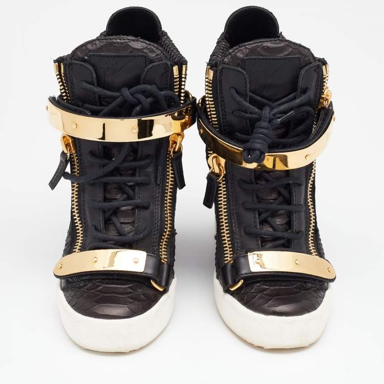 Pre Owned Giuseppe Zanotti Black/Dark Brown Python Embossed Leather Lorenz Wedge Sneakers Size 37