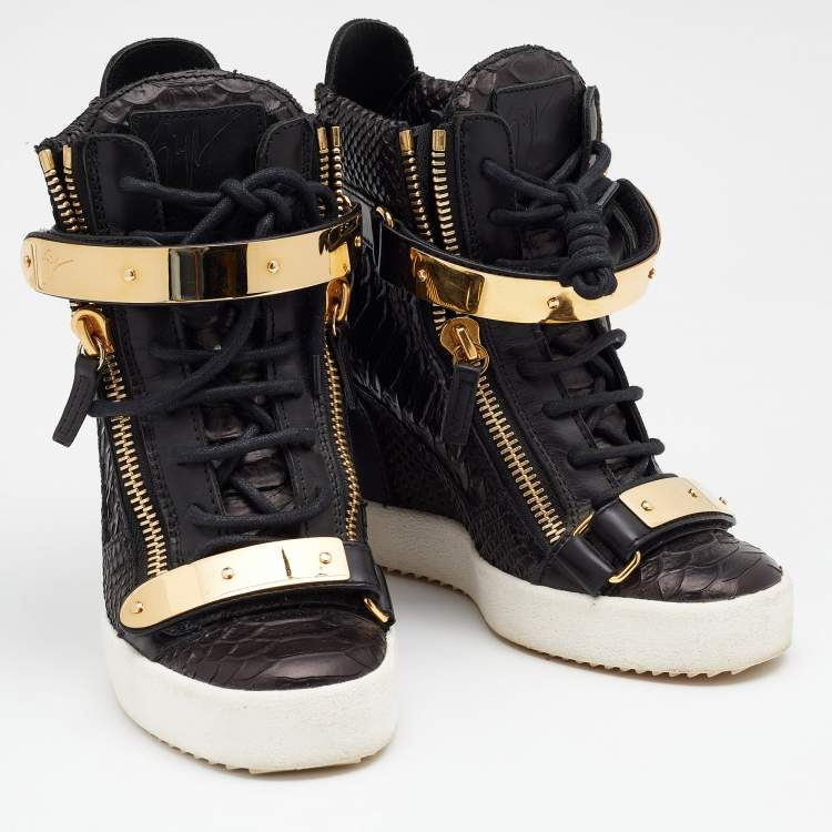 Pre Owned Giuseppe Zanotti Black/Dark Brown Python Embossed Leather Lorenz Wedge Sneakers Size 37