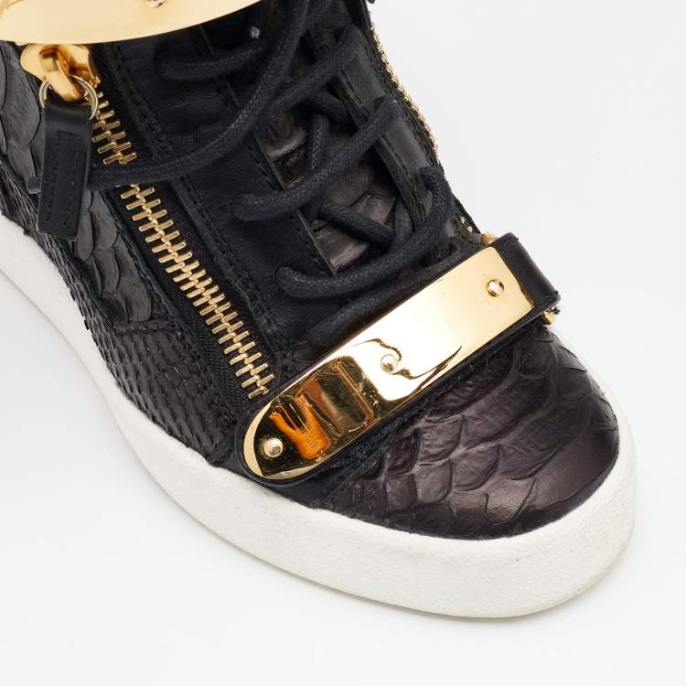 Pre Owned Giuseppe Zanotti Black/Dark Brown Python Embossed Leather Lorenz Wedge Sneakers Size 37