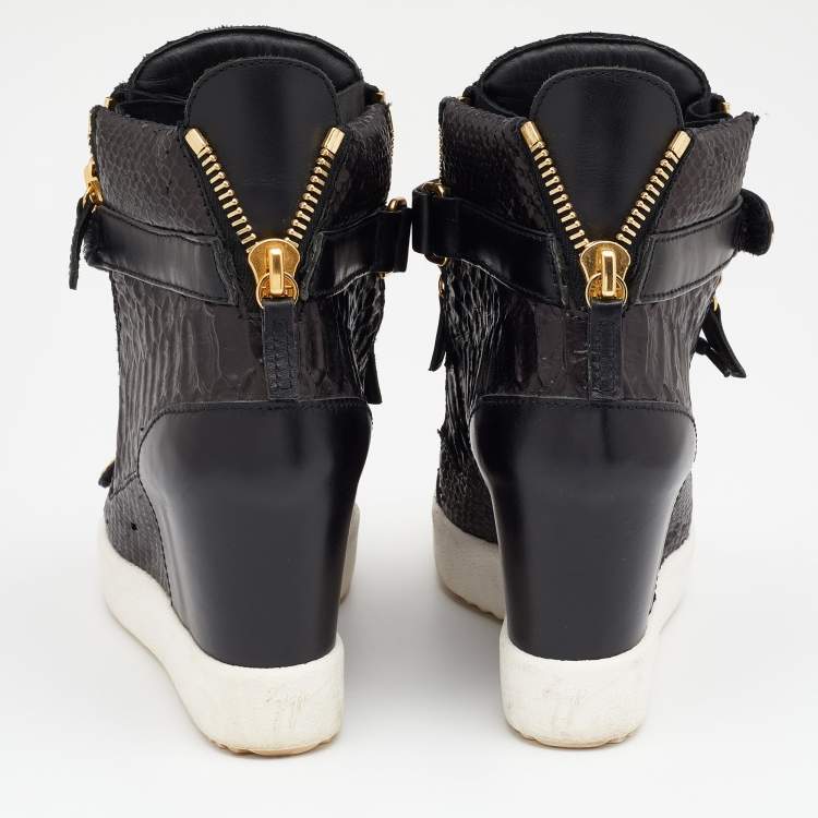 Pre Owned Giuseppe Zanotti Black/Dark Brown Python Embossed Leather Lorenz Wedge Sneakers Size 37