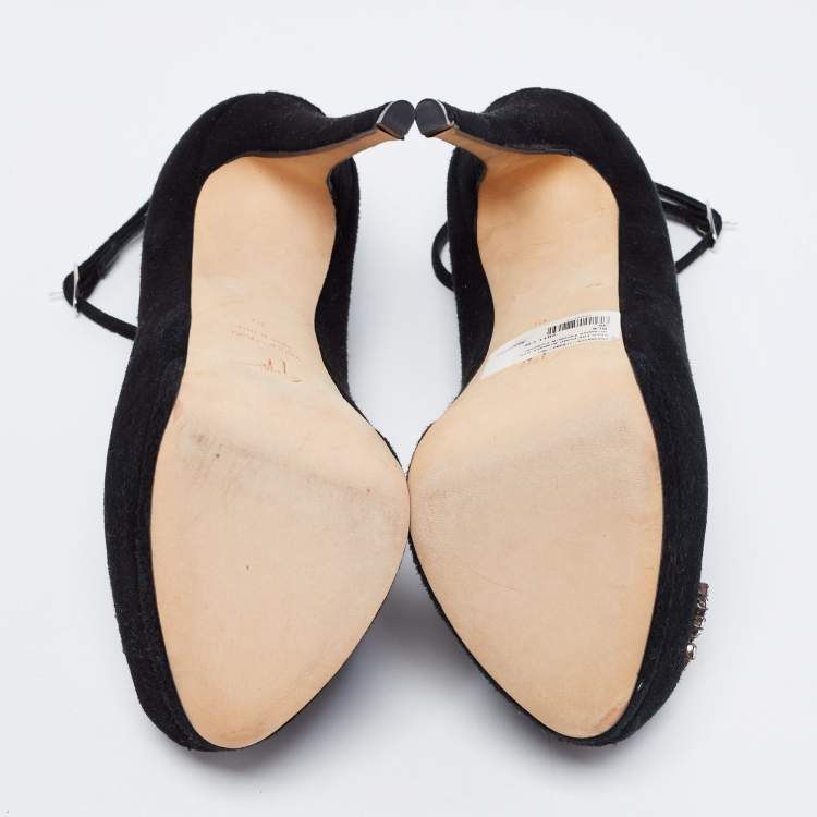 Pre Owned Giuseppe Zanotti Black Suede Crystal Embellished Ankle-Strap Peep-Toe Platform Pumps Size 35