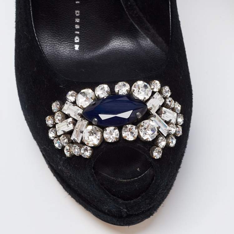 Pre Owned Giuseppe Zanotti Black Suede Crystal Embellished Ankle-Strap Peep-Toe Platform Pumps Size 35