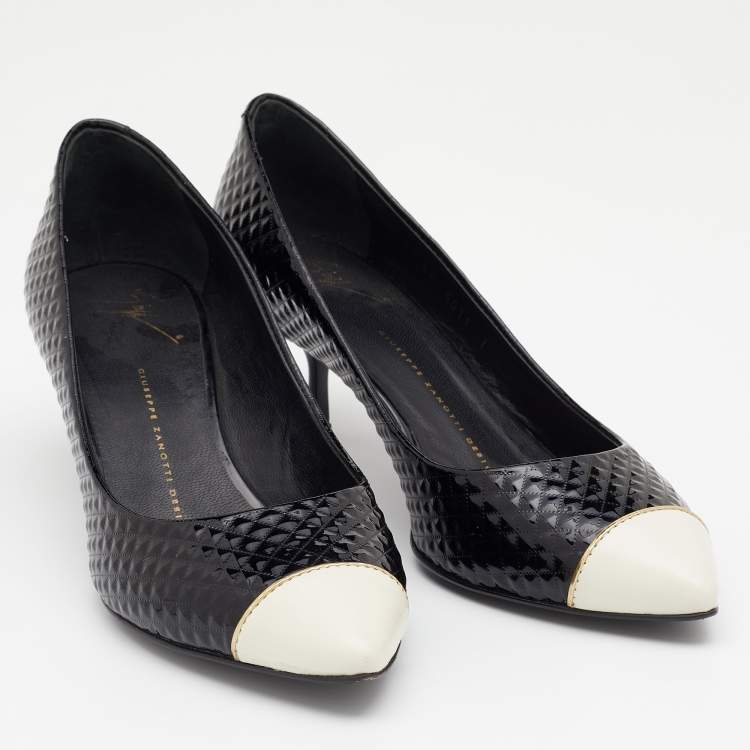 Pre Owned Giuseppe Zanotti Black/White Patent Leather and Leather Cap Toe Pumps Size 39