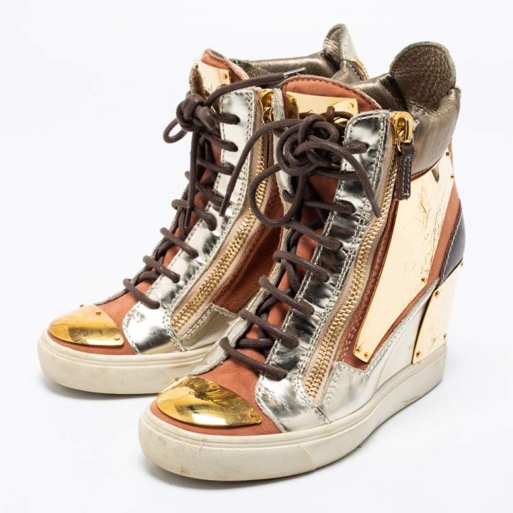 Pre Owned Giuseppe Zanotti Multicolor Leather and Suede Hidden Wedge Sneakers Size 38