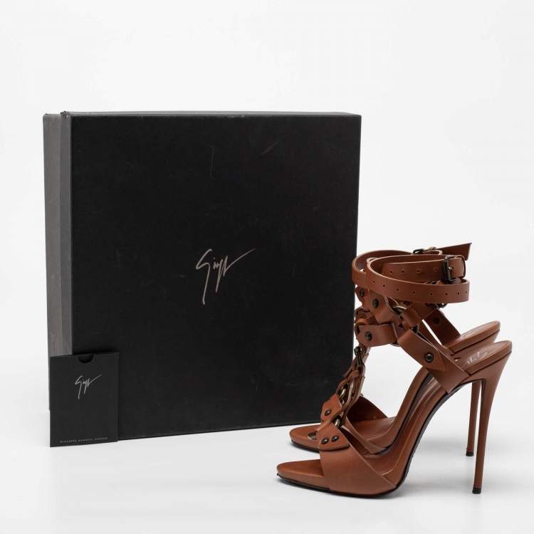 Pre Owned Giuseppe Zanotti Brown Leather T-Strap Ankle Wrap Sandals Size 37