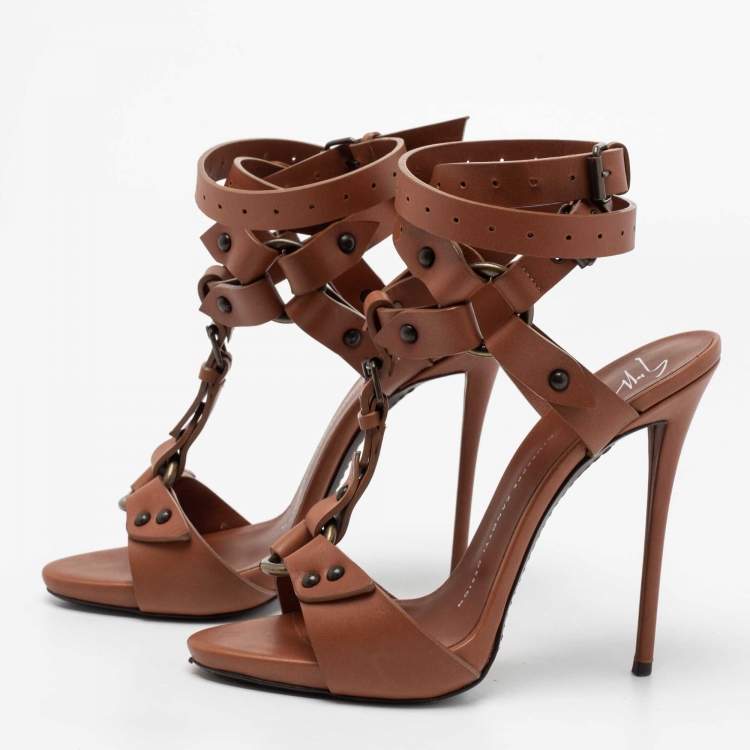 Pre Owned Giuseppe Zanotti Brown Leather T-Strap Ankle Wrap Sandals Size 37