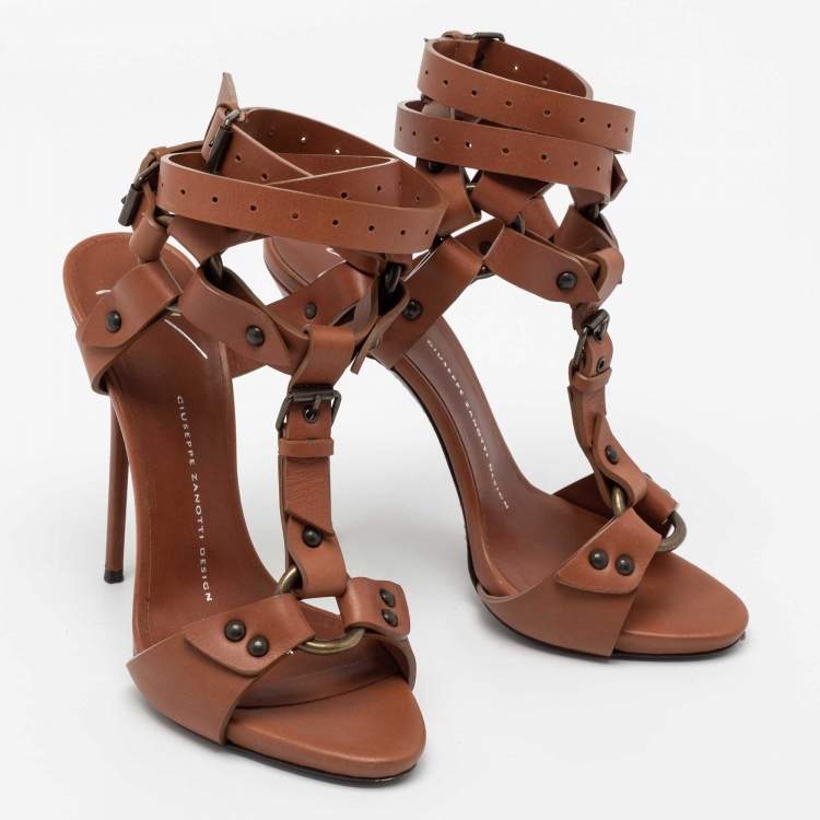 Pre Owned Giuseppe Zanotti Brown Leather T-Strap Ankle Wrap Sandals Size 37