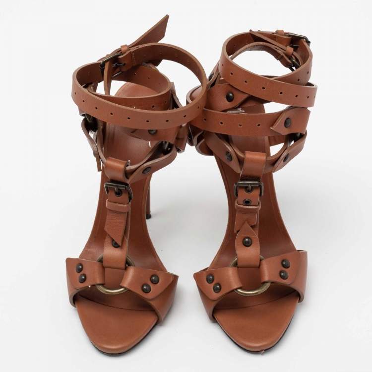 Pre Owned Giuseppe Zanotti Brown Leather T-Strap Ankle Wrap Sandals Size 37