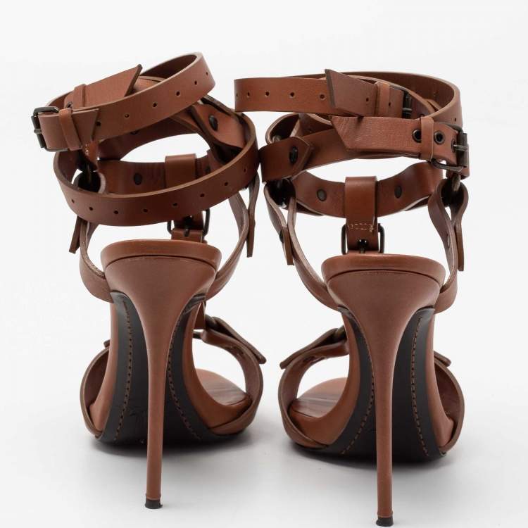 Pre Owned Giuseppe Zanotti Brown Leather T-Strap Ankle Wrap Sandals Size 37