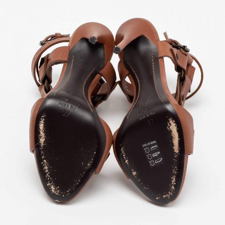 Pre Owned Giuseppe Zanotti Brown Leather T-Strap Ankle Wrap Sandals Size 37