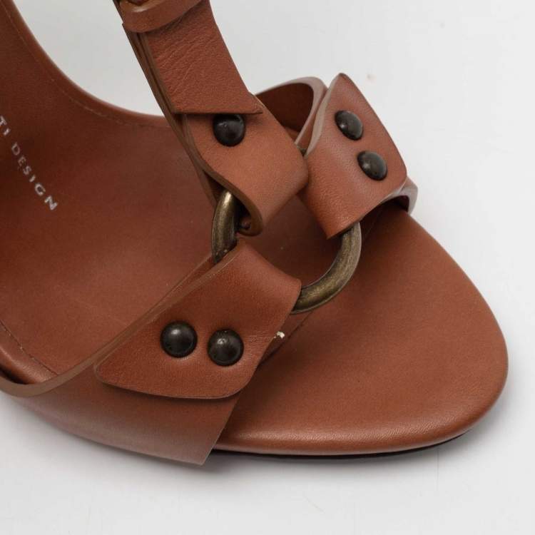 Pre Owned Giuseppe Zanotti Brown Leather T-Strap Ankle Wrap Sandals Size 37