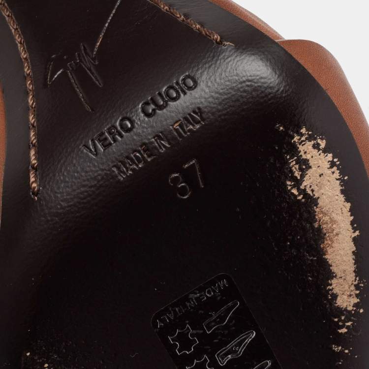 Pre Owned Giuseppe Zanotti Brown Leather T-Strap Ankle Wrap Sandals Size 37