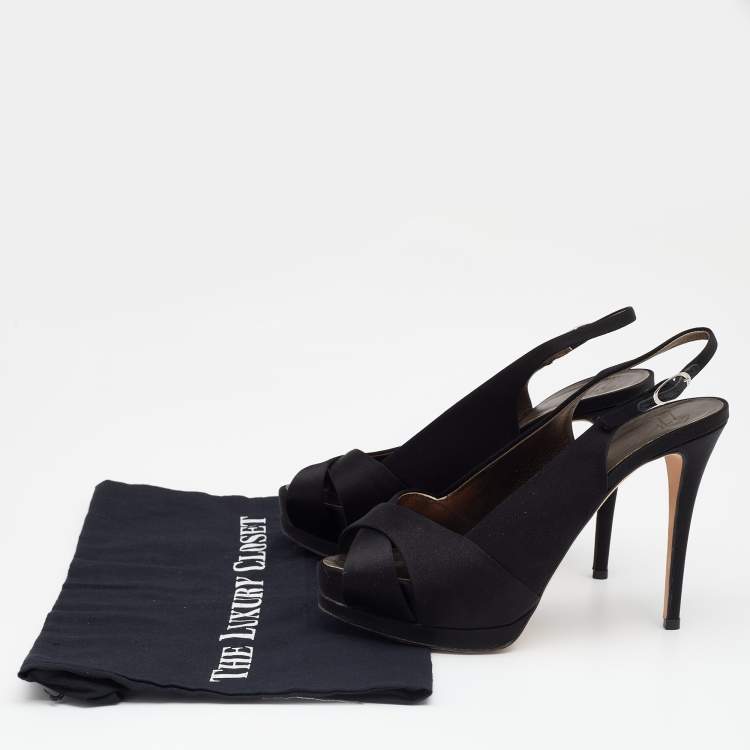 مملوكة مسبقًا Giuseppe Zanotti Black Satin Peep Toe Slingback Platform Sandals Size 38