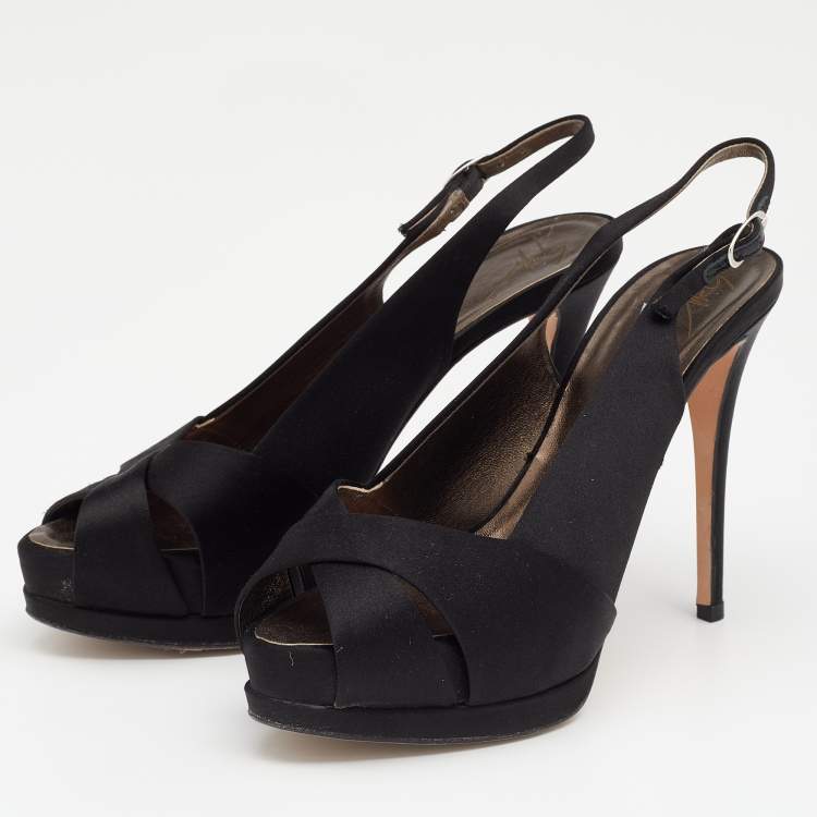 مملوكة مسبقًا Giuseppe Zanotti Black Satin Peep Toe Slingback Platform Sandals Size 38