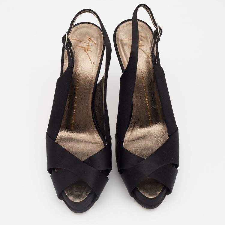 مملوكة مسبقًا Giuseppe Zanotti Black Satin Peep Toe Slingback Platform Sandals Size 38
