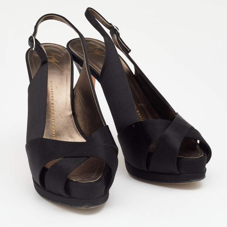 مملوكة مسبقًا Giuseppe Zanotti Black Satin Peep Toe Slingback Platform Sandals Size 38