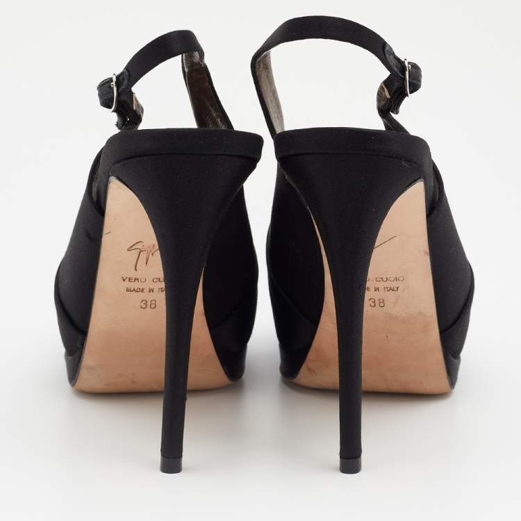 مملوكة مسبقًا Giuseppe Zanotti Black Satin Peep Toe Slingback Platform Sandals Size 38