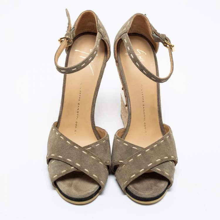 Pre Owned Giuseppe Zanotti Olive Green Suede Espadrilles Wedge Ankle Strap Sandals Size 38