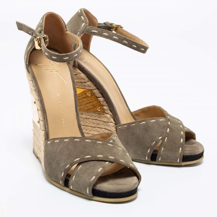 Pre Owned Giuseppe Zanotti Olive Green Suede Espadrilles Wedge Ankle Strap Sandals Size 38
