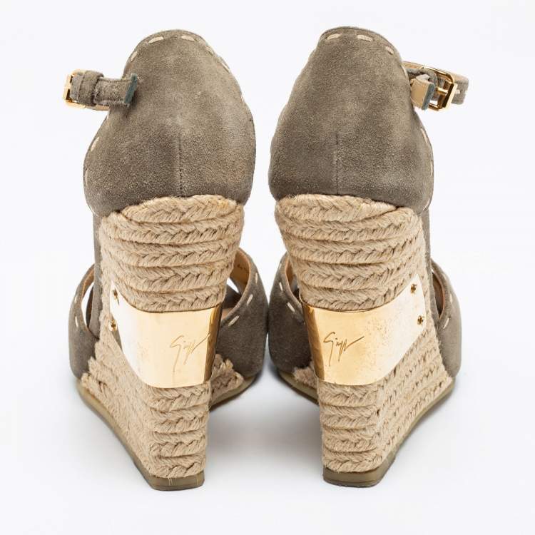 Pre Owned Giuseppe Zanotti Olive Green Suede Espadrilles Wedge Ankle Strap Sandals Size 38