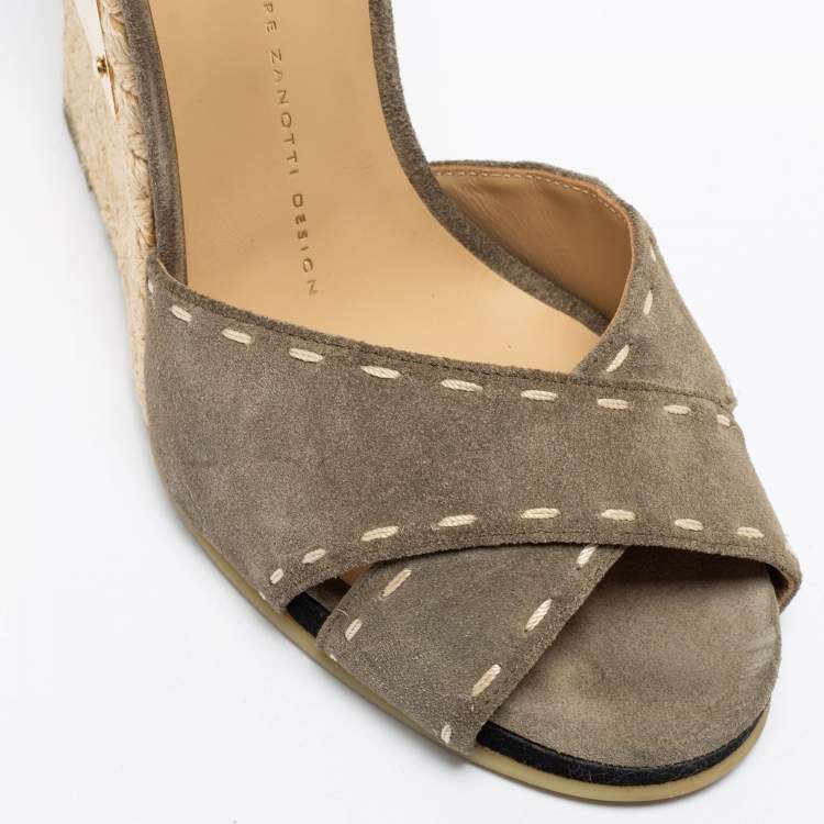 Pre Owned Giuseppe Zanotti Olive Green Suede Espadrilles Wedge Ankle Strap Sandals Size 38