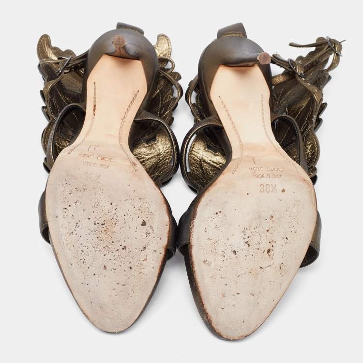 مملوكة مسبقًا Giuseppe Zanotti Olive Green Leather Argent Metal Wing Strappy Sandals Size 38.5