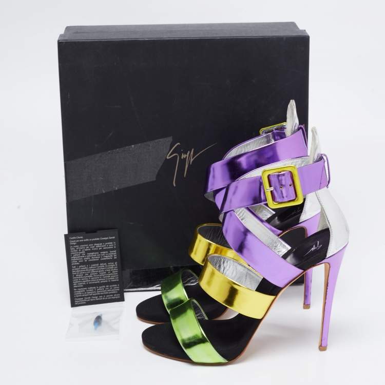 Pre Owned Giuseppe Zanotti Multicolor Leather Cross Strap Sandals Size 40.5
