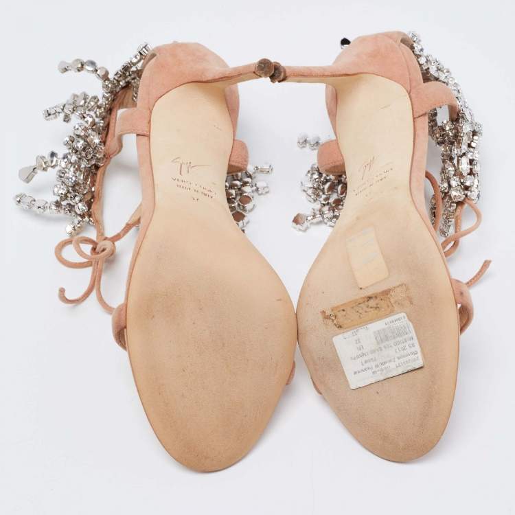 Pre Owned Giuseppe Zanotti Beige Suede Crystal Carrie Evening Tie Sandals Size 37