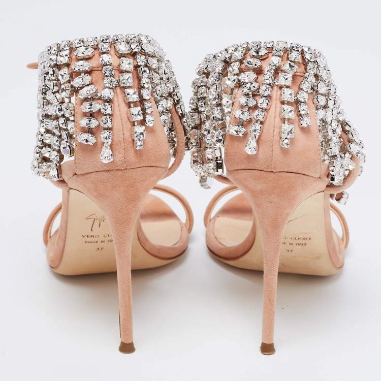 Pre Owned Giuseppe Zanotti Beige Suede Crystal Carrie Evening Tie Sandals Size 37