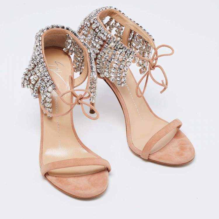 Pre Owned Giuseppe Zanotti Beige Suede Crystal Carrie Evening Tie Sandals Size 37