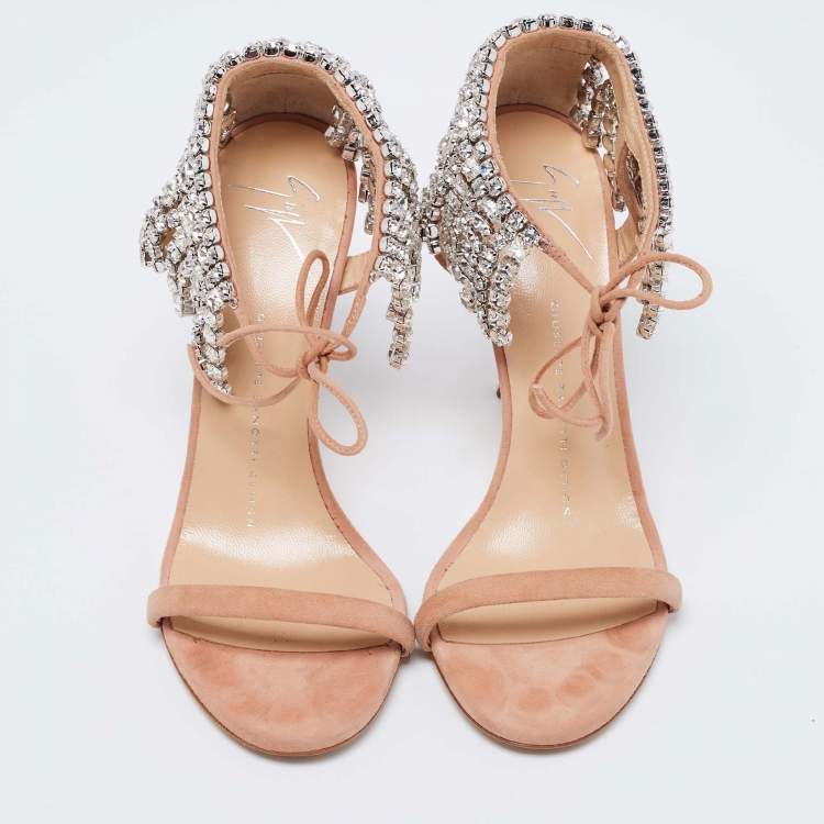 Pre Owned Giuseppe Zanotti Beige Suede Crystal Carrie Evening Tie Sandals Size 37