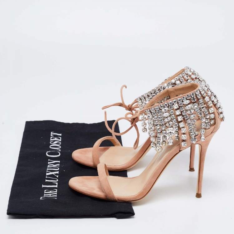 Pre Owned Giuseppe Zanotti Beige Suede Crystal Carrie Evening Tie Sandals Size 37