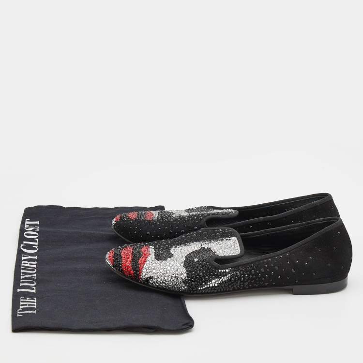 Pre Owned Giuseppe Zanotti Black Suede Crystal Embellished Joker Smoking Slippers Size 37
