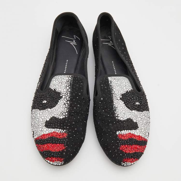 Pre Owned Giuseppe Zanotti Black Suede Crystal Embellished Joker Smoking Slippers Size 37