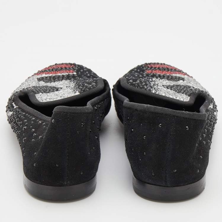 Pre Owned Giuseppe Zanotti Black Suede Crystal Embellished Joker Smoking Slippers Size 37