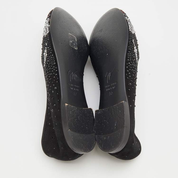 Pre Owned Giuseppe Zanotti Black Suede Crystal Embellished Joker Smoking Slippers Size 37