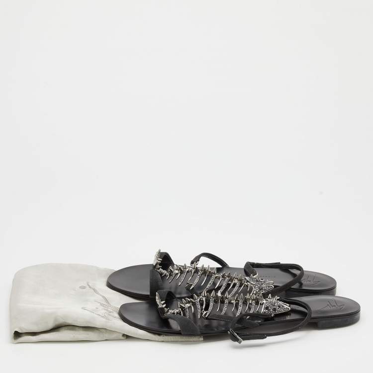 Pre Owned Giuseppe Zanotti Black Suede Fishbone Strappy Flat Sandals Size 39