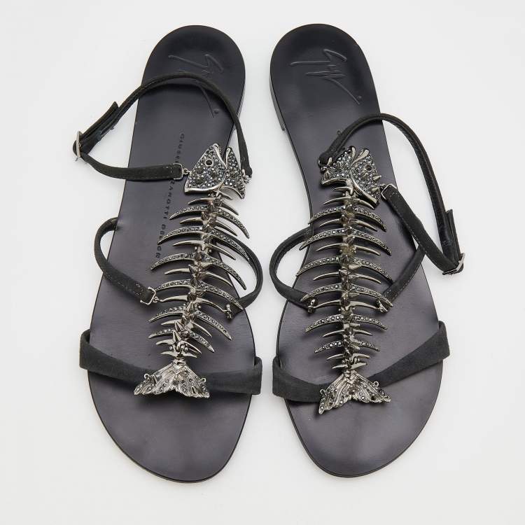 Pre Owned Giuseppe Zanotti Black Suede Fishbone Strappy Flat Sandals Size 39