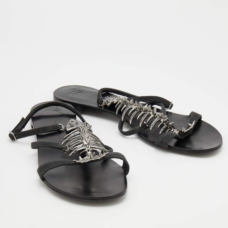 Pre Owned Giuseppe Zanotti Black Suede Fishbone Strappy Flat Sandals Size 39