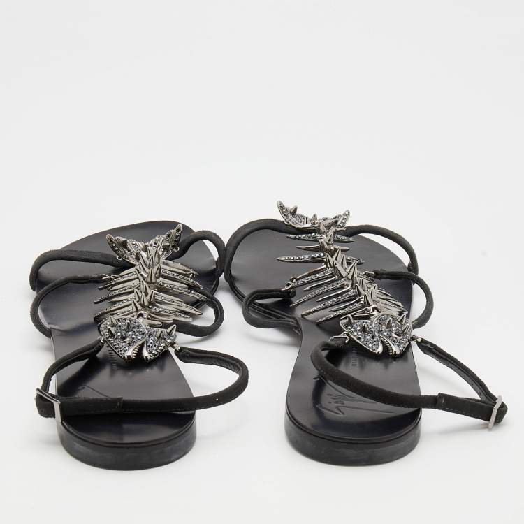 Pre Owned Giuseppe Zanotti Black Suede Fishbone Strappy Flat Sandals Size 39