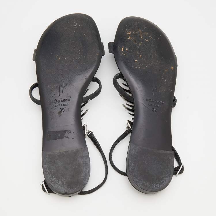 Pre Owned Giuseppe Zanotti Black Suede Fishbone Strappy Flat Sandals Size 39