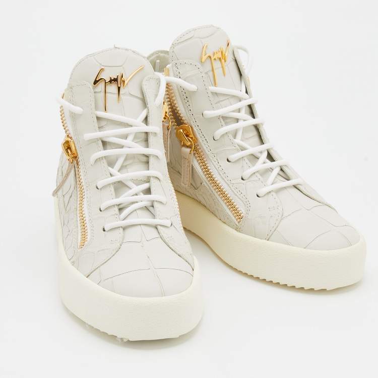 Pre Owned Giuseppe Zanotti Off-White Croc Embossed Leather High Top Sneakers Size 36.5