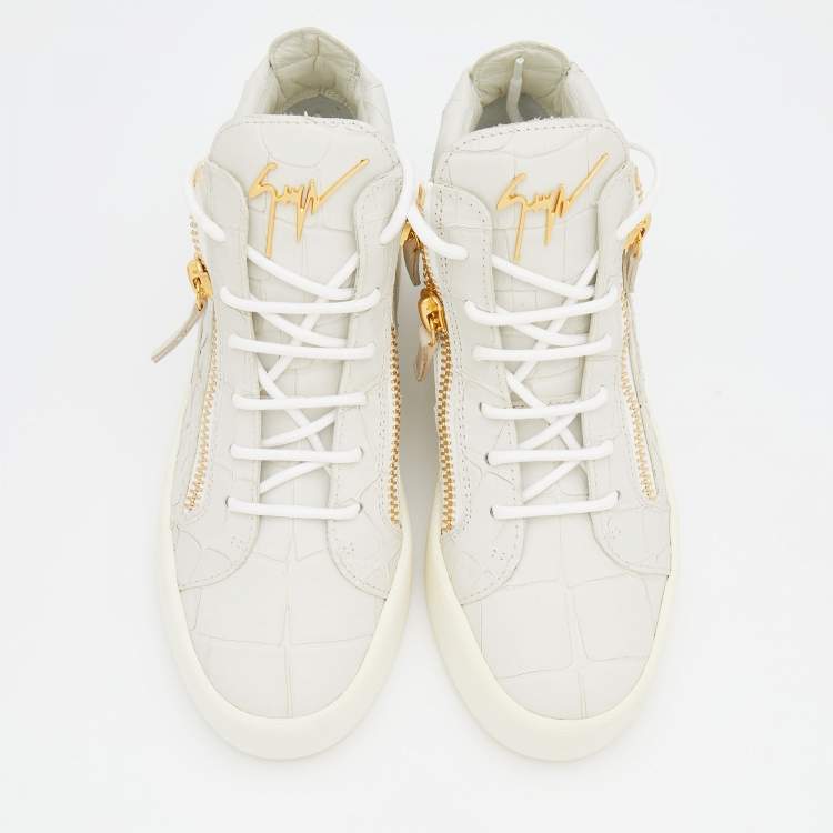 Pre Owned Giuseppe Zanotti Off-White Croc Embossed Leather High Top Sneakers Size 36.5