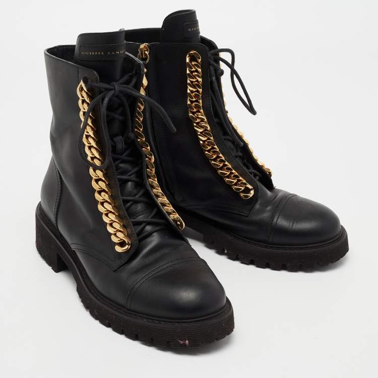 Pre Owned Giuseppe Zanotti Black Leather Chain Link Combat Boots Size 39