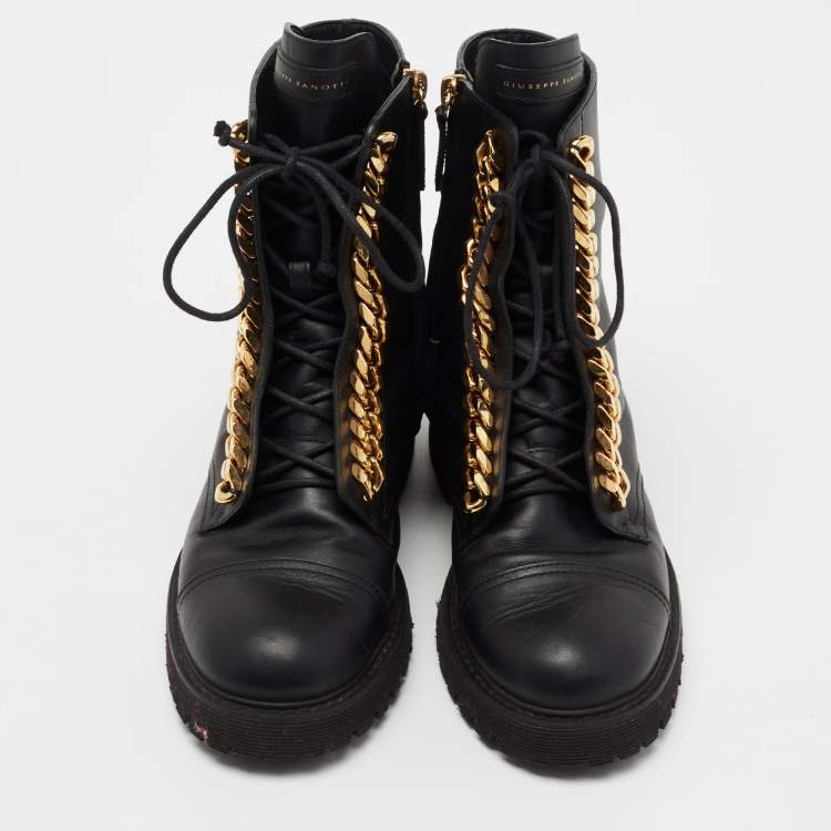 Pre Owned Giuseppe Zanotti Black Leather Chain Link Combat Boots Size 39